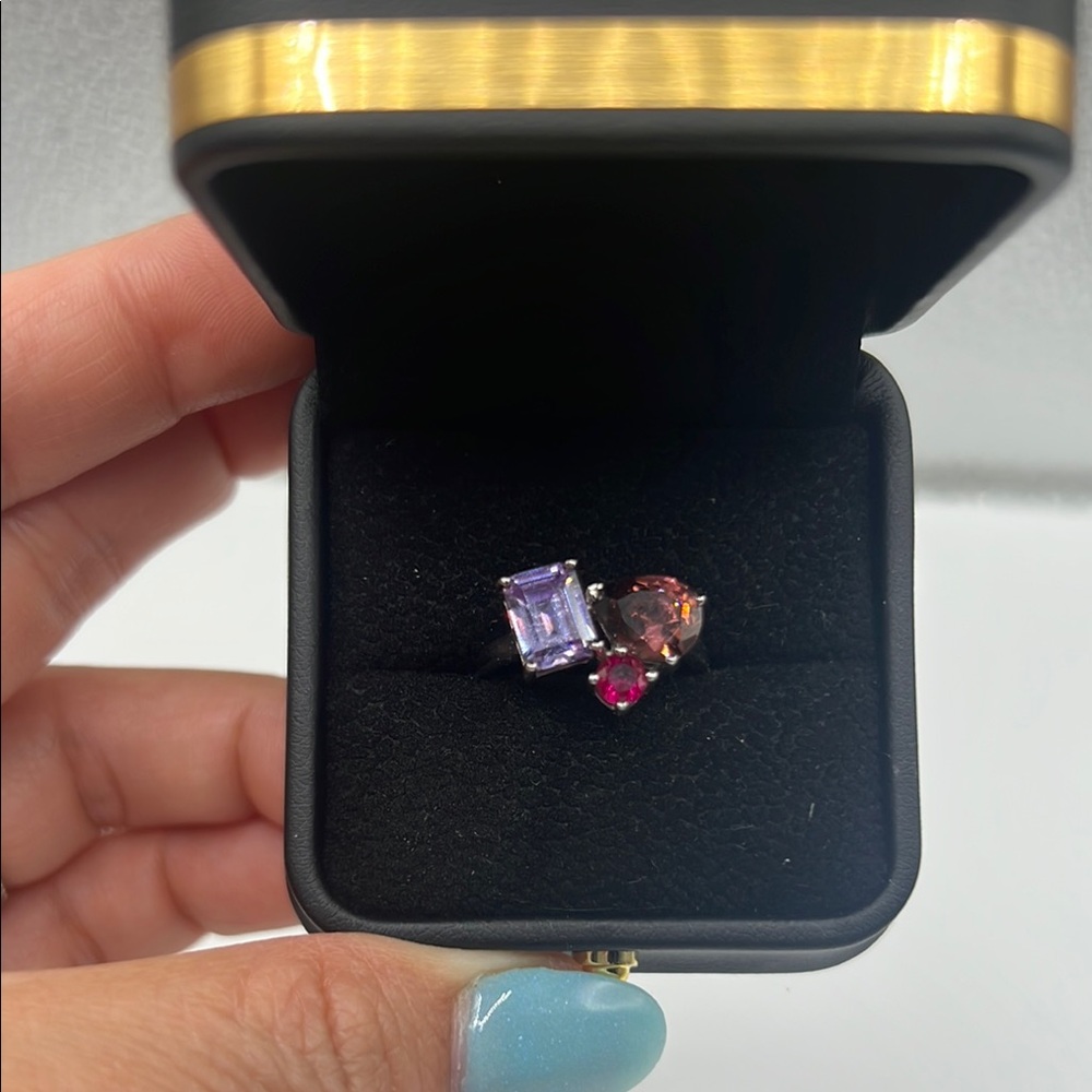 Elegant Multi-Stone Silver Ring Amythest, Smockey quarts and ruby